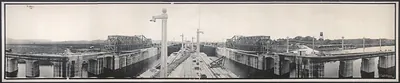 Panoramic photograph of Gatun Locks with emergency dams