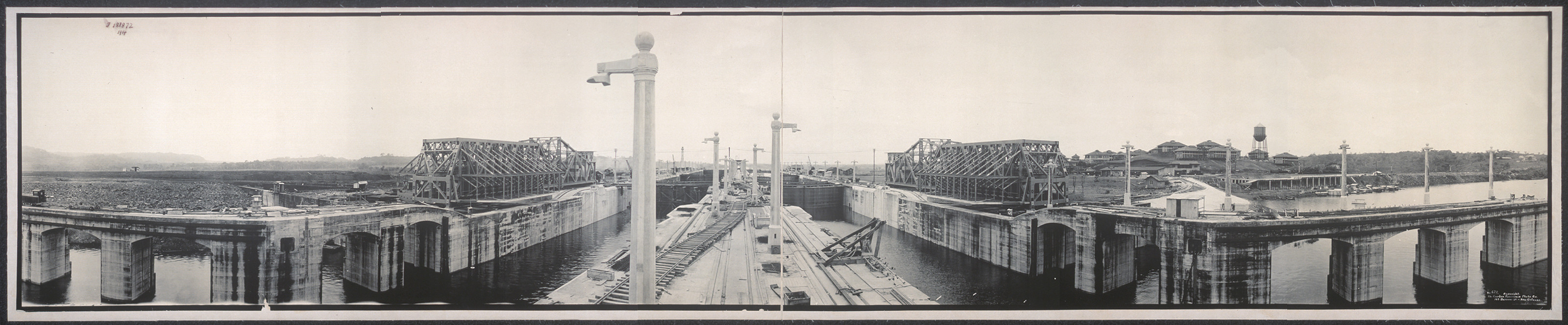 Panoramic photograph of Gatun Locks with emergency dams — historic photograph