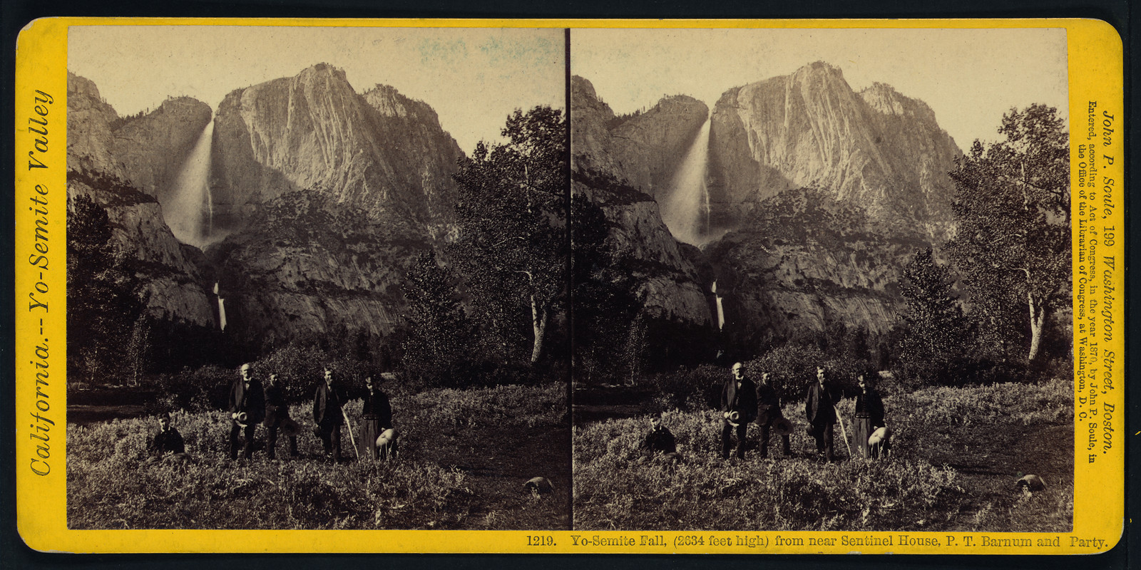 Yo-Semite Fall (2634 feet high) from near Sentinel House Boston excursion party, 1870 — historic photograph
