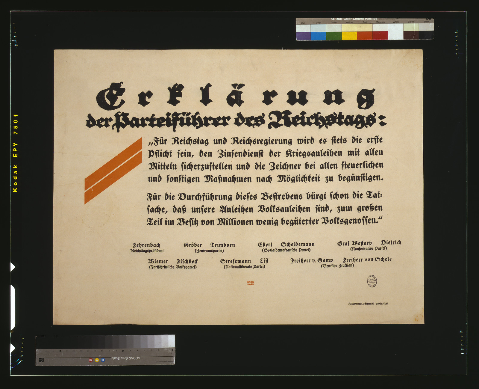 Erklaumlrung der Parteifuumlhrer des Reichstags / Bernhard., 1919 — vintage poster