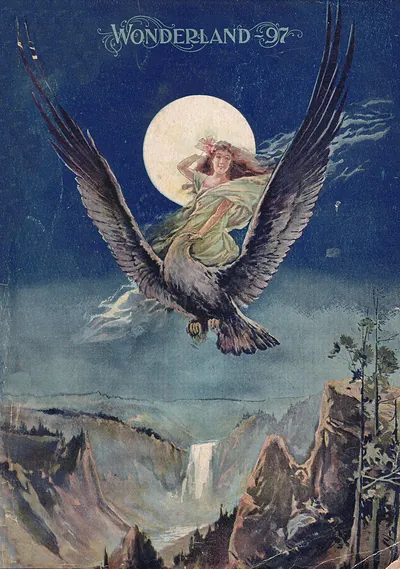 Wonderland 97 cover: woman riding eagle over canyon