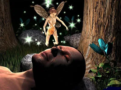 Winged fairy hovering over a sleeping man in a forest