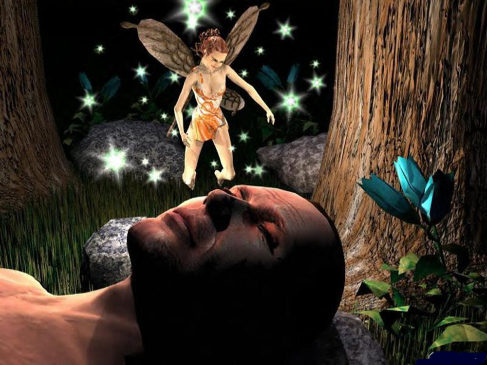Winged fairy hovering over a sleeping man in a forest — historic image