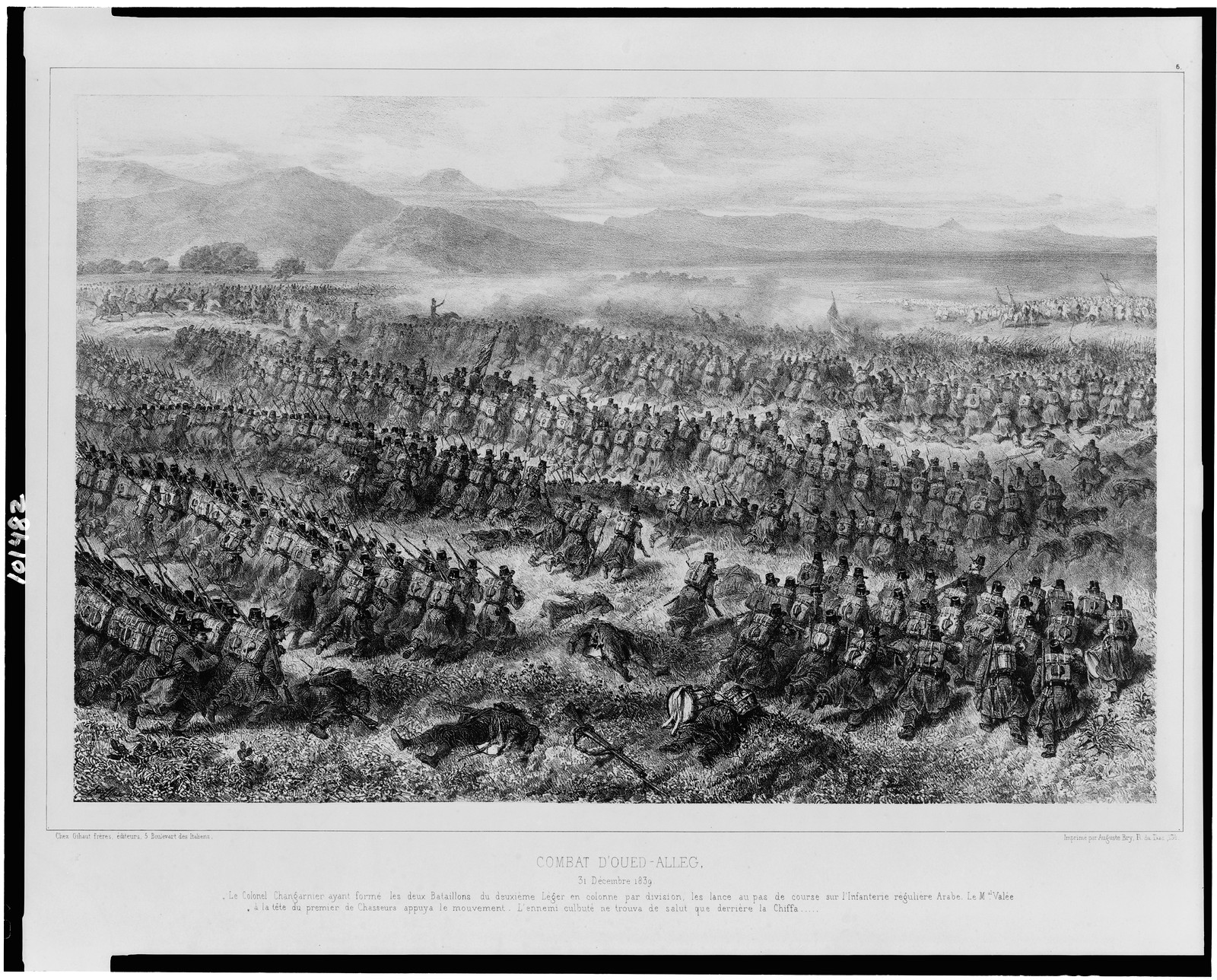 Combat d'Oued-Alleg, 31 Décembre 1839 / Raffet., Imprimé par Auguste Bry ; Ginaut freres, éditeurs, [1840] — antique lithograph