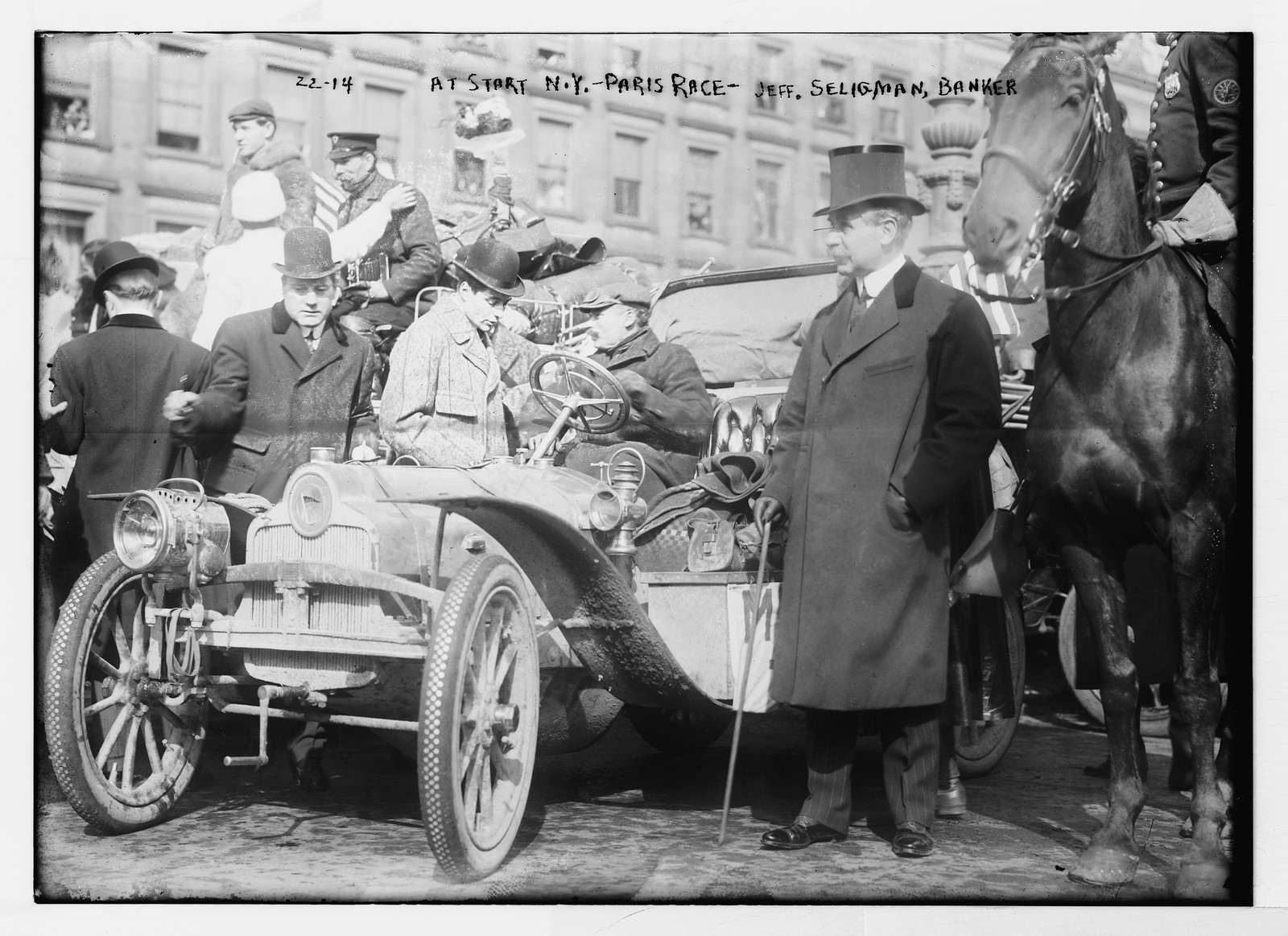New York - Paris race: Jeff. Seligman, banker, start of race, New York, 1908 — historic photograph