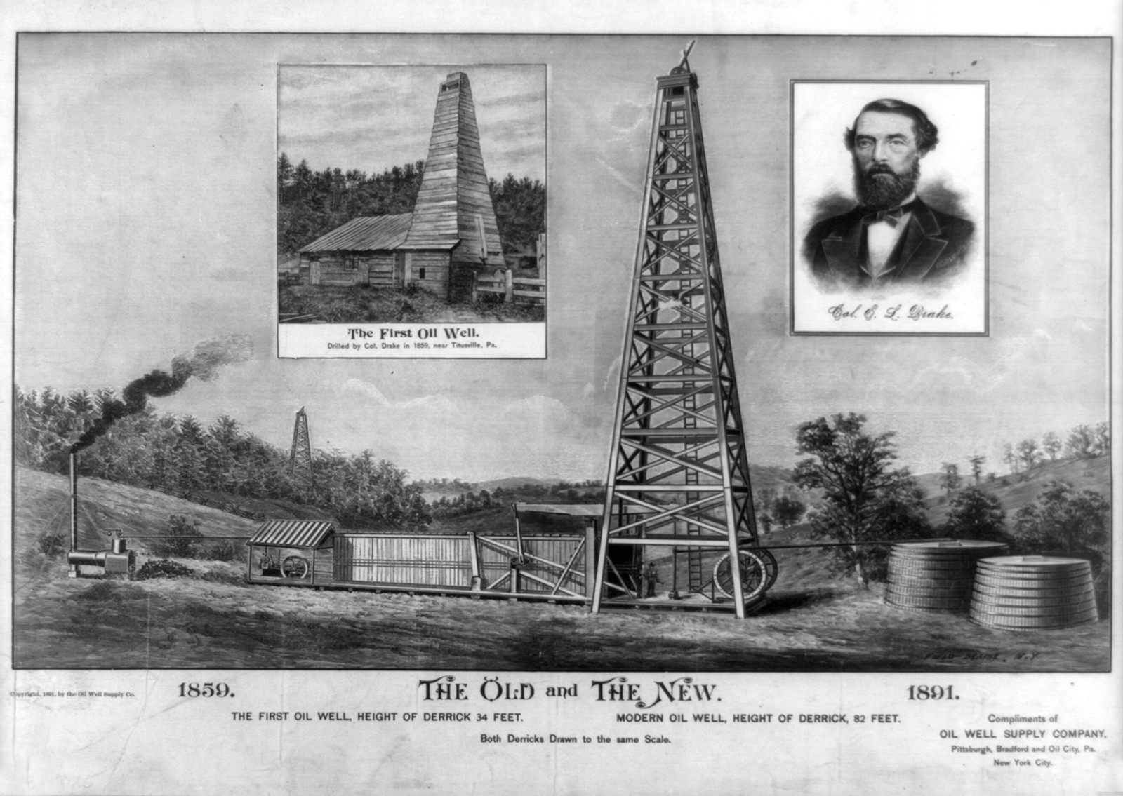 The old and the new., the first oil well..., modern oil well..., c1891 ? [date faded] — historic print