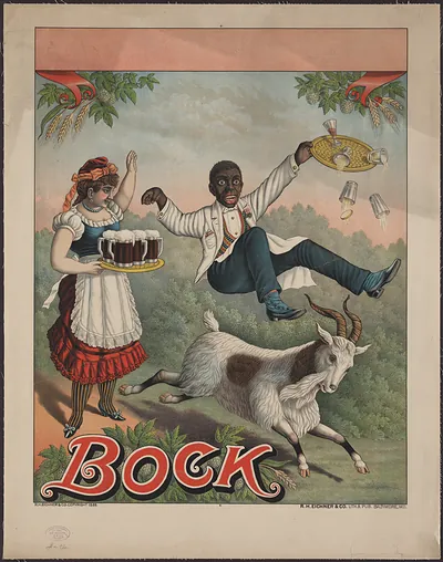 Bock beer poster with woman, waiter and goat