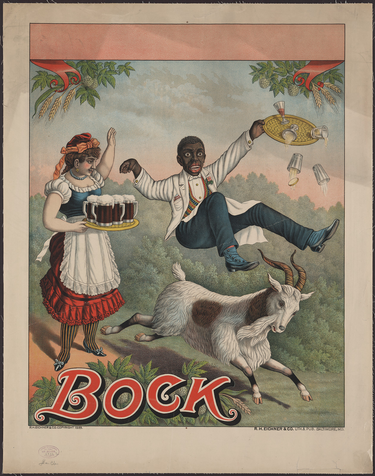 Bock beer poster with woman, waiter and goat — vintage poster