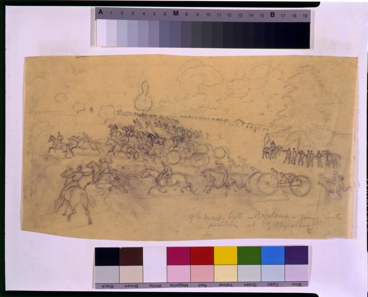 9th Mass. batt. Bigelows going into position at Gettysburg, [1863 ca. July 1-3] — historic drawing