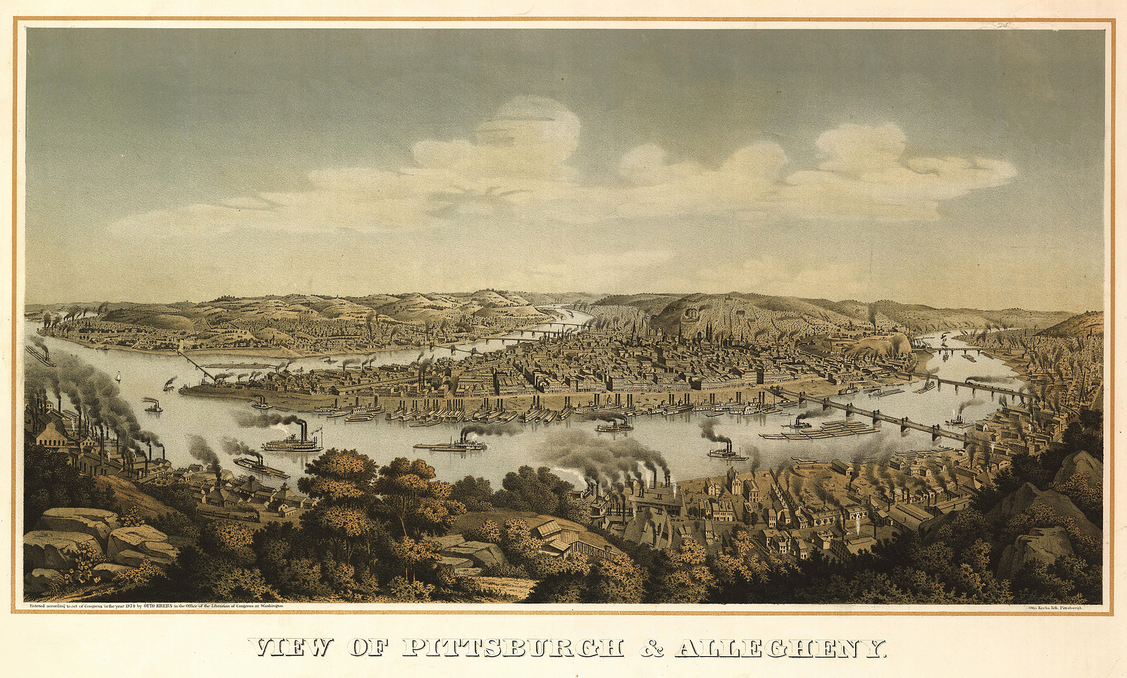 View of Pittsburgh & Allegheny, 1874 — antique map