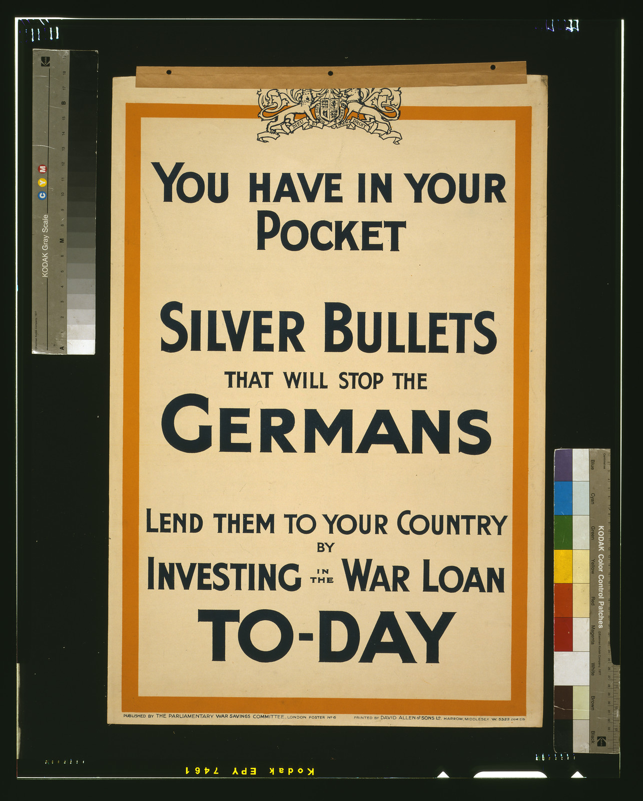 You have in your pocket silver bullets that will stop the Germans. Lend them to your country by investing in the war loan to-day / printed by David Allen & Sons Ld. Harrow, Middlesex., London : published by the Parliamentary War Savings Committee, [1915] — vintage poster