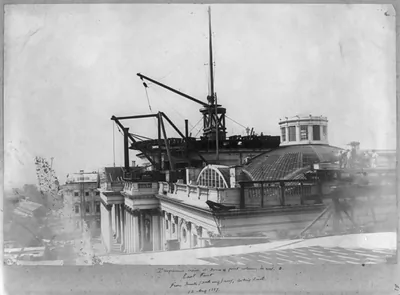 Progressive view of dome, first column on roof, 2; east front from Senate (north wing) roof, looking south