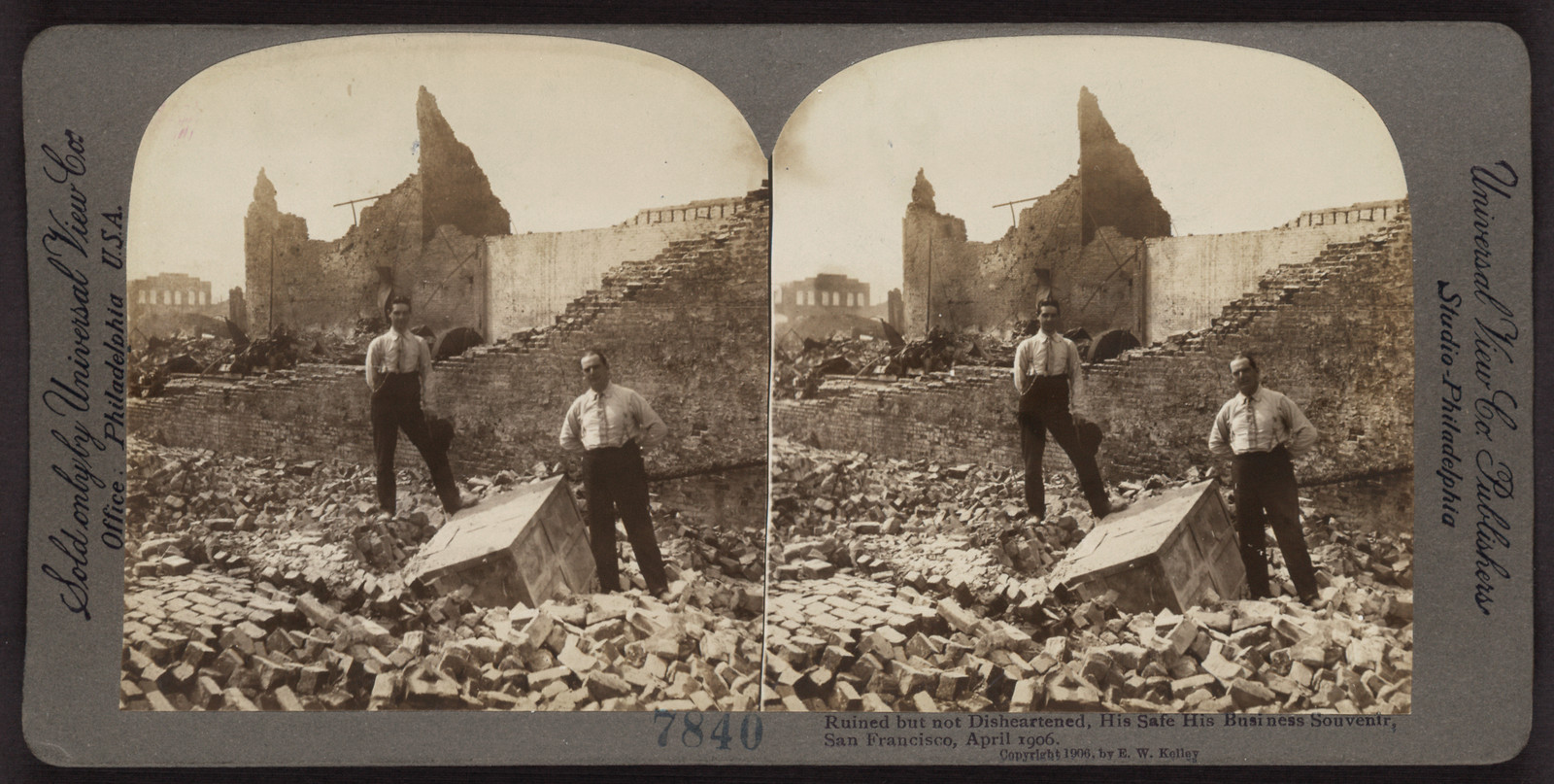 Ruined but not disheartened, his safe his business souvenir, San Francisco — historic image