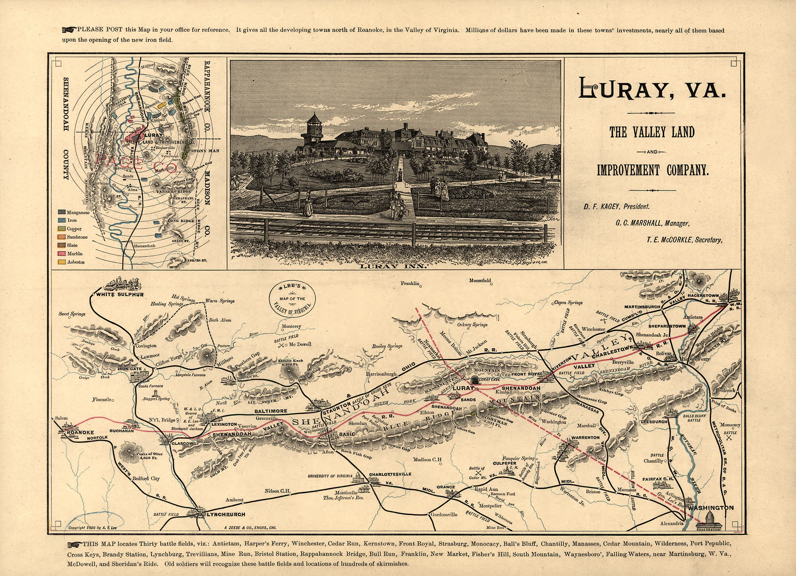 Map of the Valley of Virginia with Luray Inn view — antique map