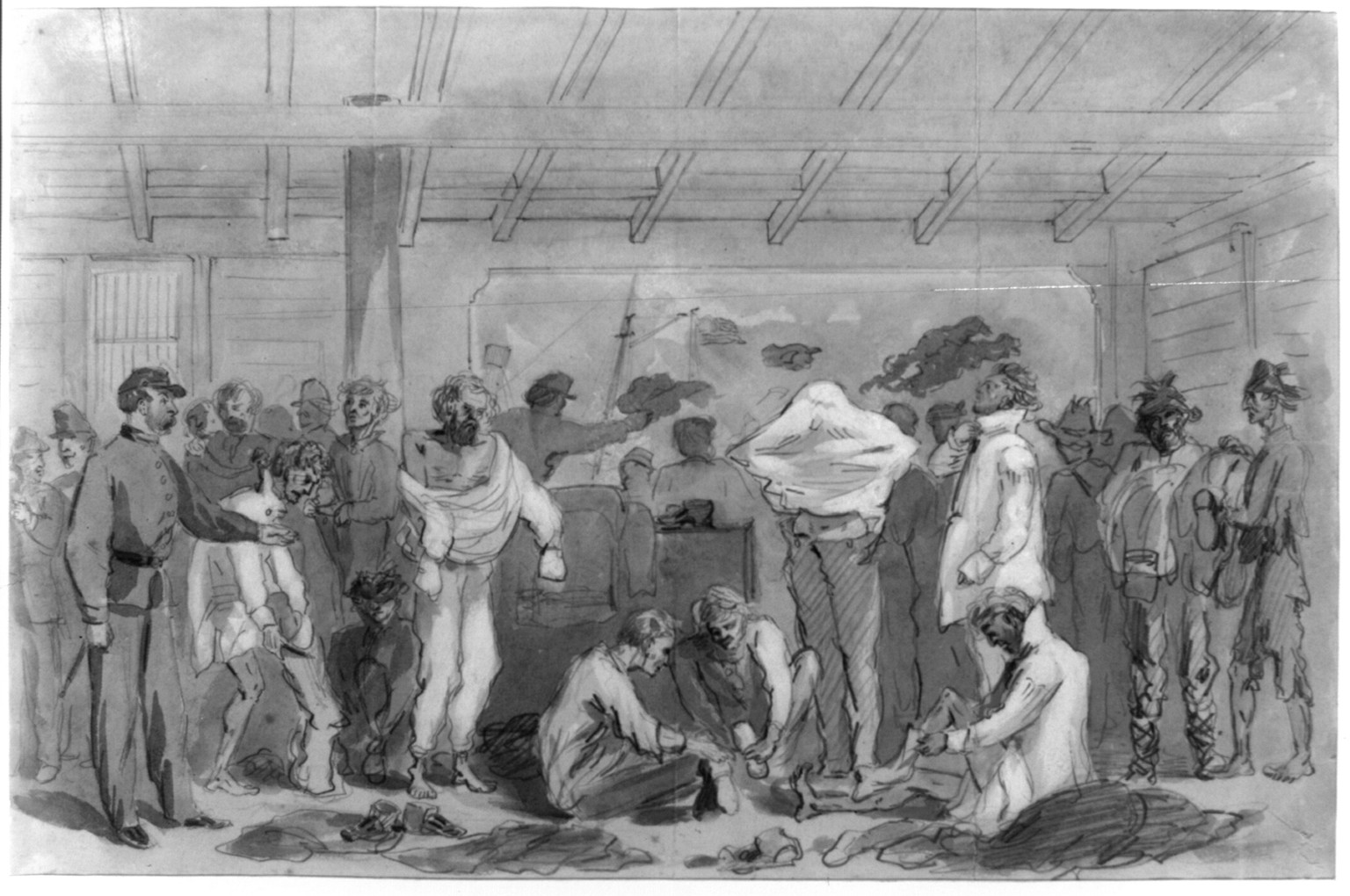 Returned prisoners of war exchanging their rags for new clothing on board Flag of Truce boat New York, [1864 December] — historic drawing