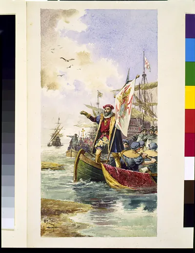 [Vasco da Gama standing in prow of rowboat] / E. Casanova.