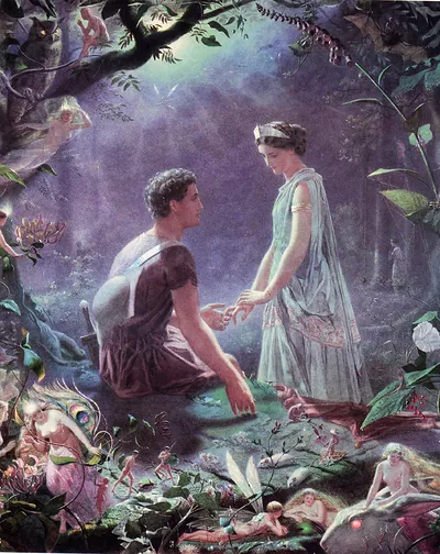 Fairies and a couple in a moonlit forest