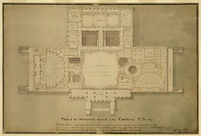 United States Capitol, Washington, D.C., Principle Floor Plan, Vestibule, Library & Senate Chamber, House of Representatives [1817]