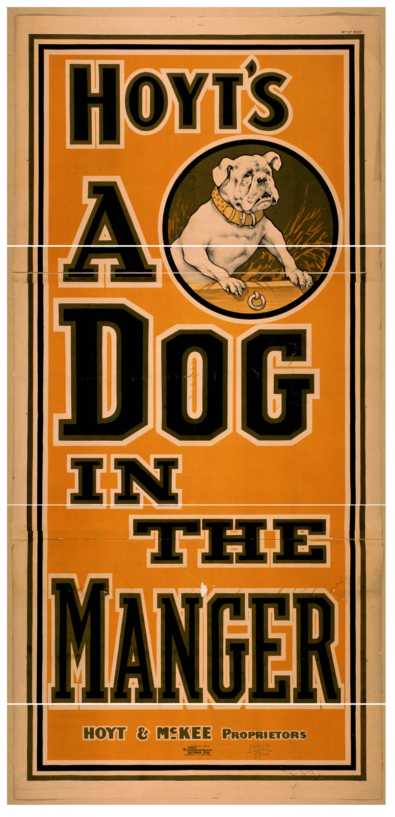 Hoyt's A Dog in the Manger theatrical poster with bulldog — vintage poster