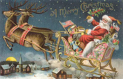 Vintage Merry Christmas postcard, Santa in sleigh with reindeer