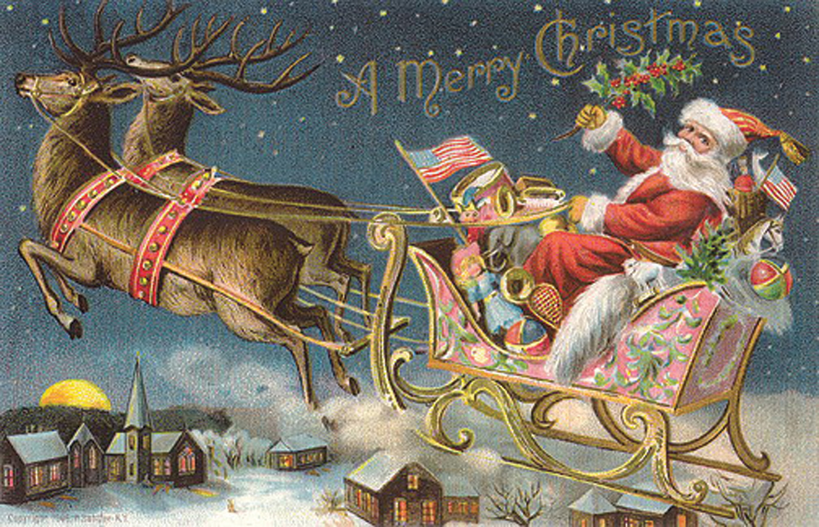 Vintage Merry Christmas postcard, Santa in sleigh with reindeer — vintage postcard