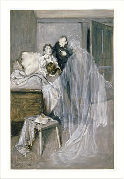 Priest with halo and ghostly veiled figure beside a sick boy's bed