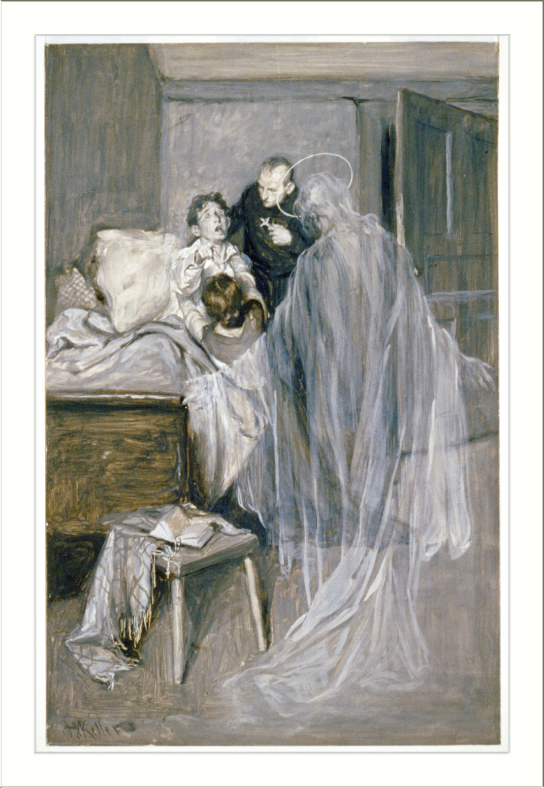 Priest with halo and ghostly veiled figure beside a sick boy's bed — historic image