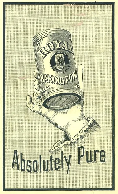 Royal Baking Powder advertisement, hand holding tin