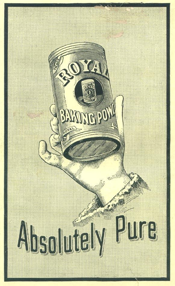 Royal Baking Powder advertisement, hand holding tin — historic image