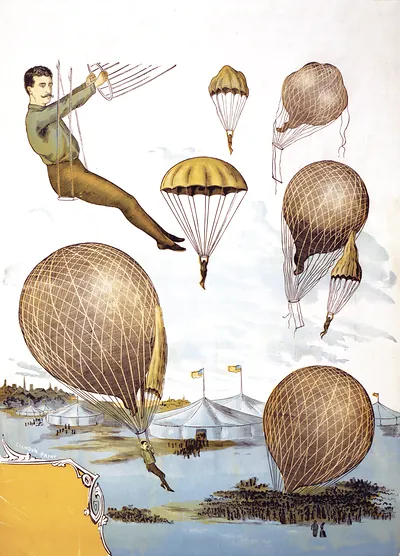 [Aerial balloon performance with tents and audience below]