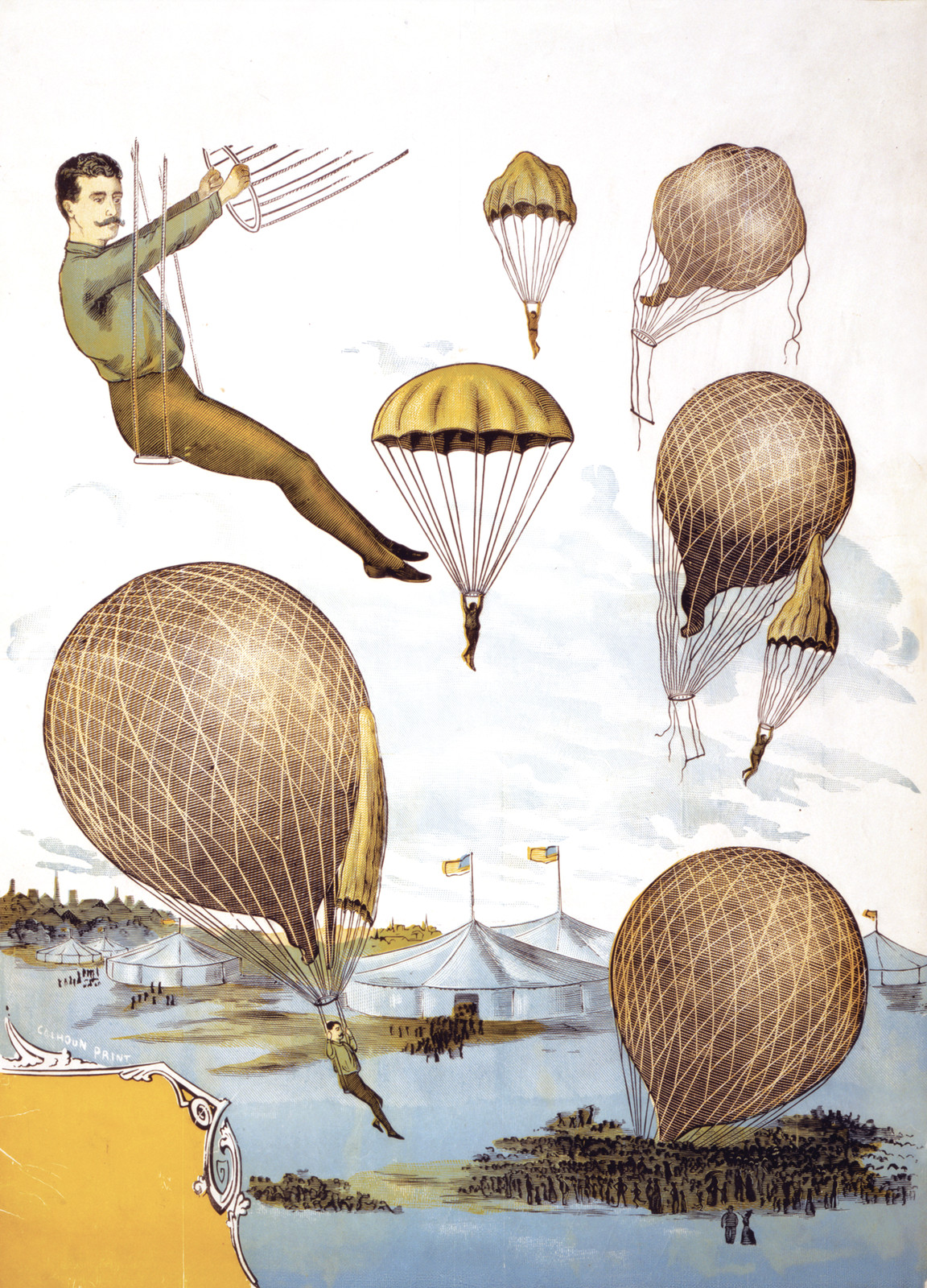 [Aerial balloon performance with tents and audience below], [Hartford, Conn.?] : Calhoun Print, [between 1870 and 1890] — vintage poster