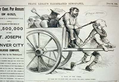 A tale of the times - Pat takes his cue from John, and solves the Chinese puzzle [caricature of Irishman seated on heavily loaded wagon, which is being pulled by a Chinese man; the Irishman is holding the man's pigtail as a rein]