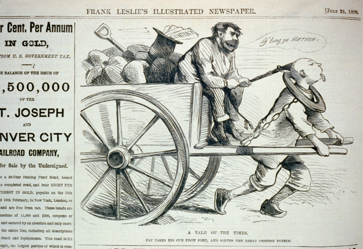 A tale of the times - Pat takes his cue from John, and solves the Chinese puzzle [caricature of Irishman seated on heavily loaded wagon, which is being pulled by a Chinese man; the Irishman is holding the man's pigtail as a rein], 1870 — antique engraving