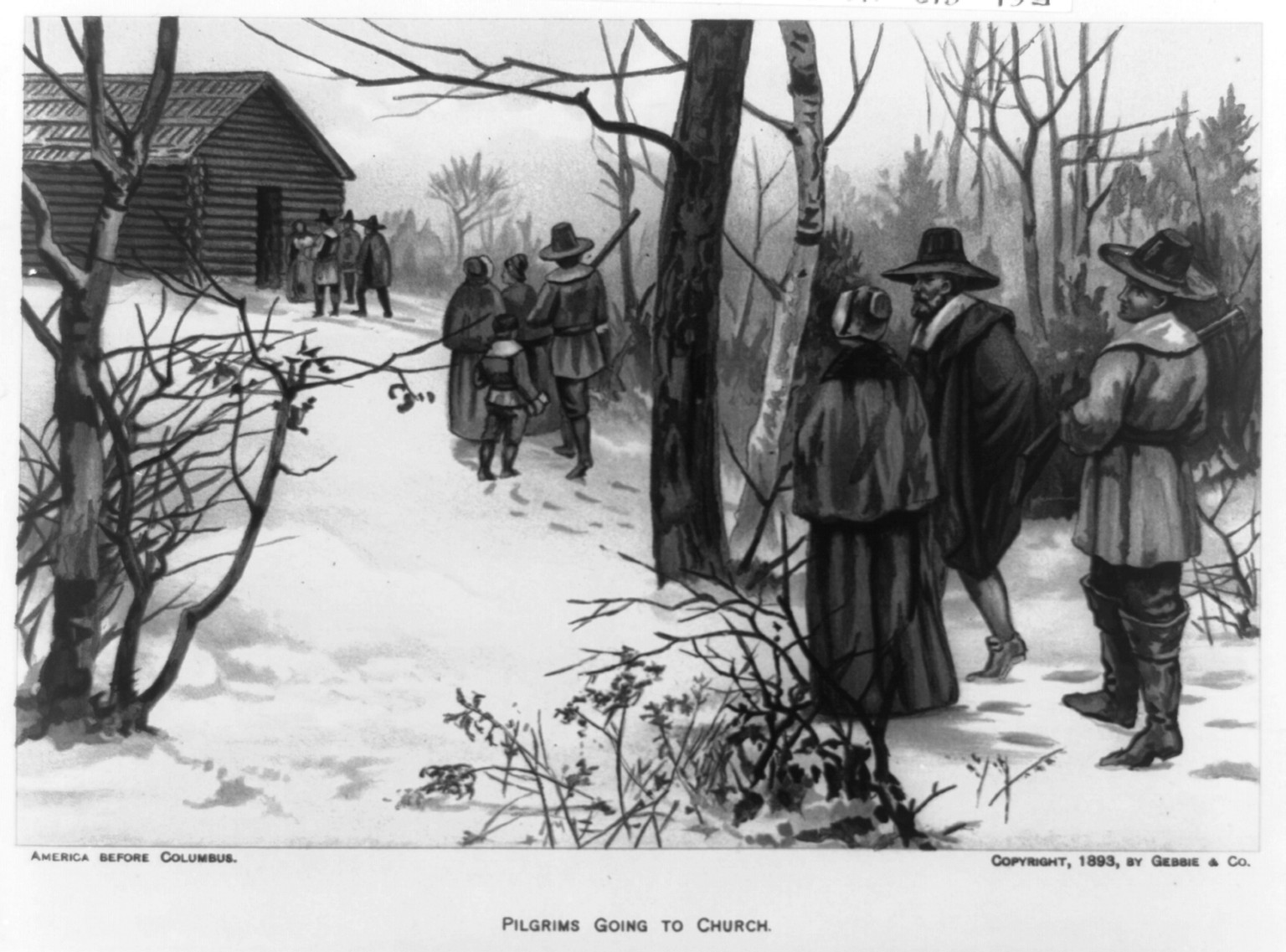Pilgrims going to church, c1893. — antique lithograph