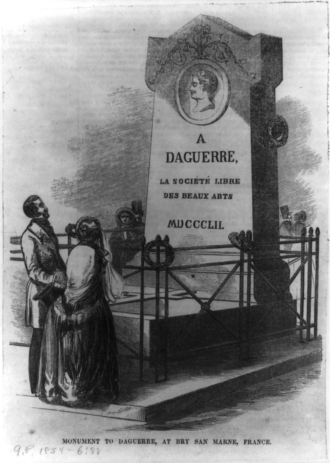 Monument to Daguerre, at Bry San Marne, France, 1854 — antique engraving