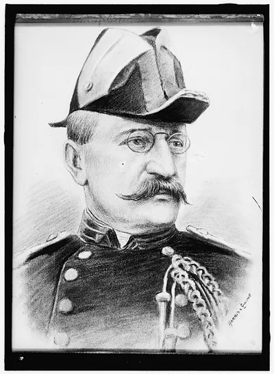 Pencil drawing of a mustached man in military uniform and cap