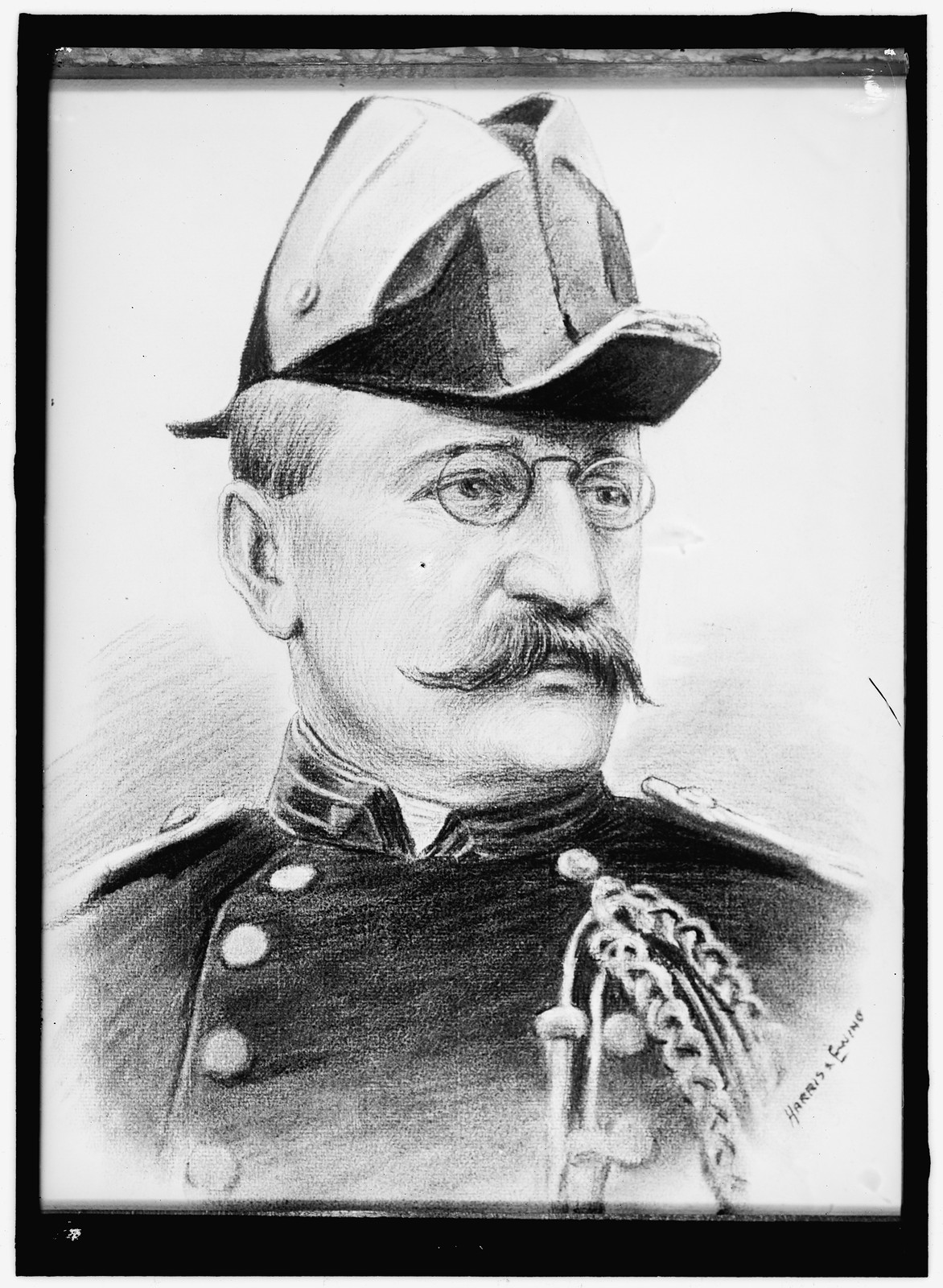 Pencil drawing of a mustached man in military uniform and cap — historic drawing