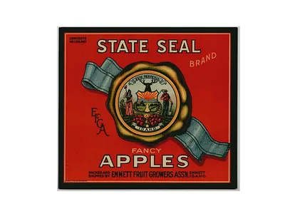 State Seal Brand Fancy Apples crate label, Emmett Fruit Growers