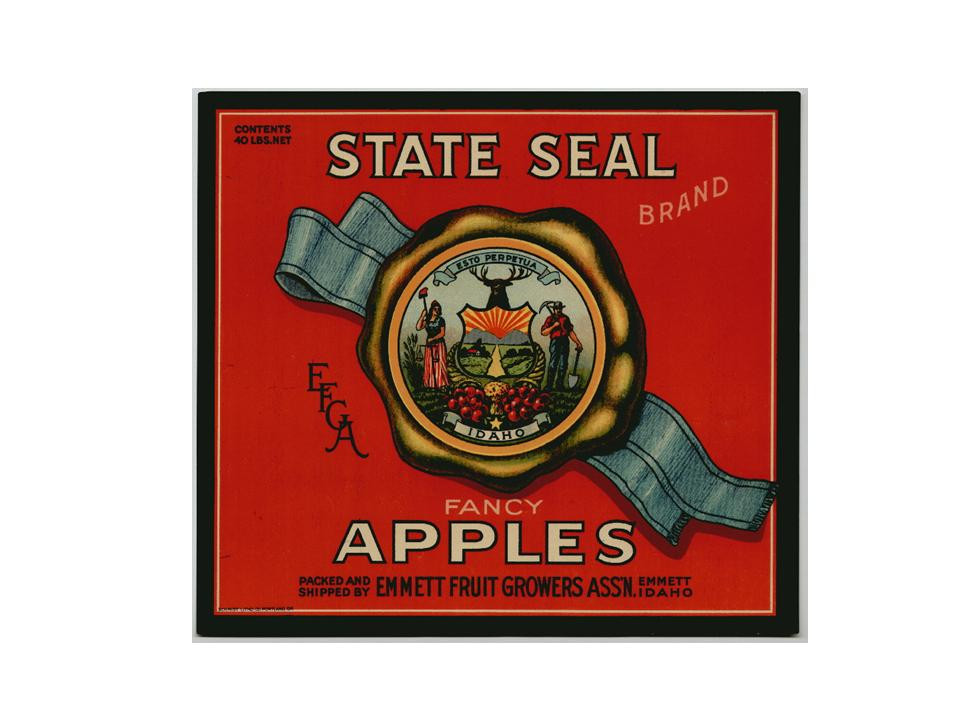 State Seal Brand Fancy Apples crate label, Emmett Fruit Growers — historic image