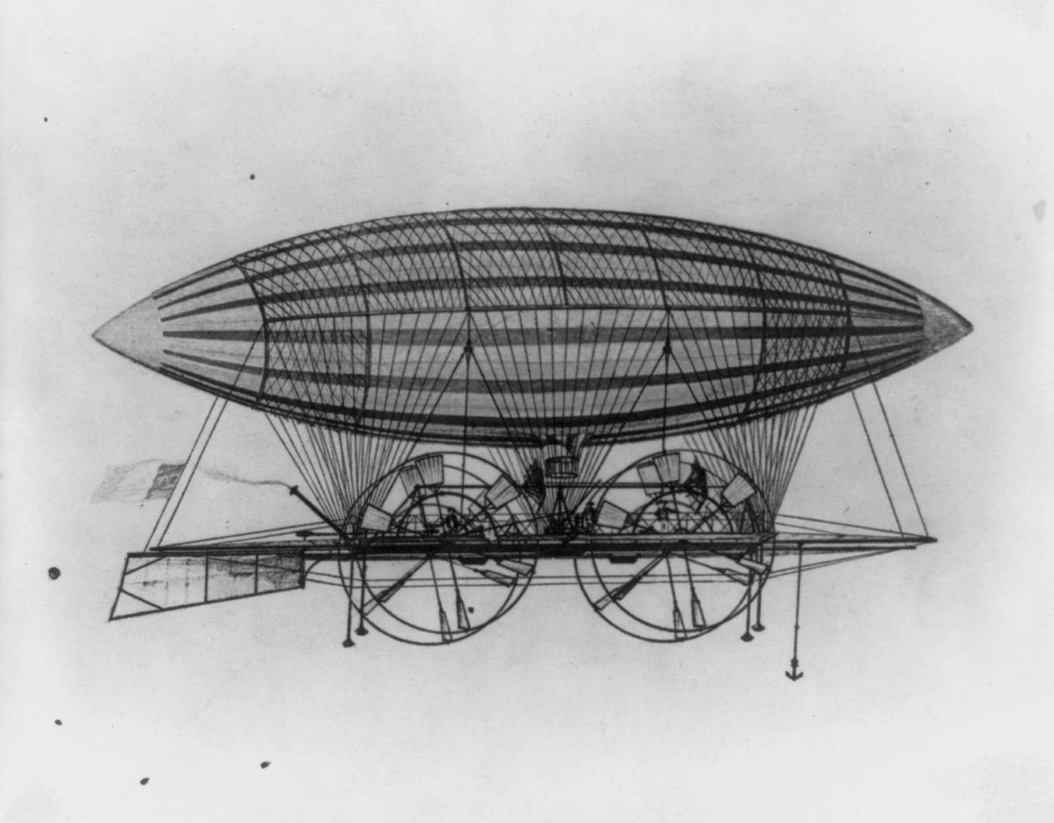 [Dirigible balloon flying French flag] — antique lithograph