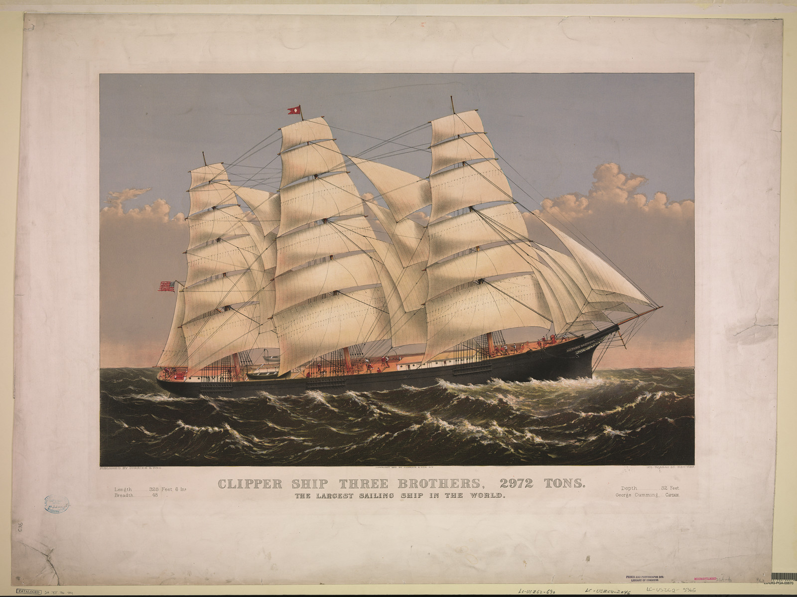 Clipper ship Three Brothers, 2972 tons: The largest sailing ship in the world, [New York] : Currier & Ives, 1875. — historic image