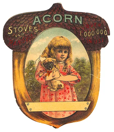 Acorn Stoves and Ranges trade card with girl and pug
