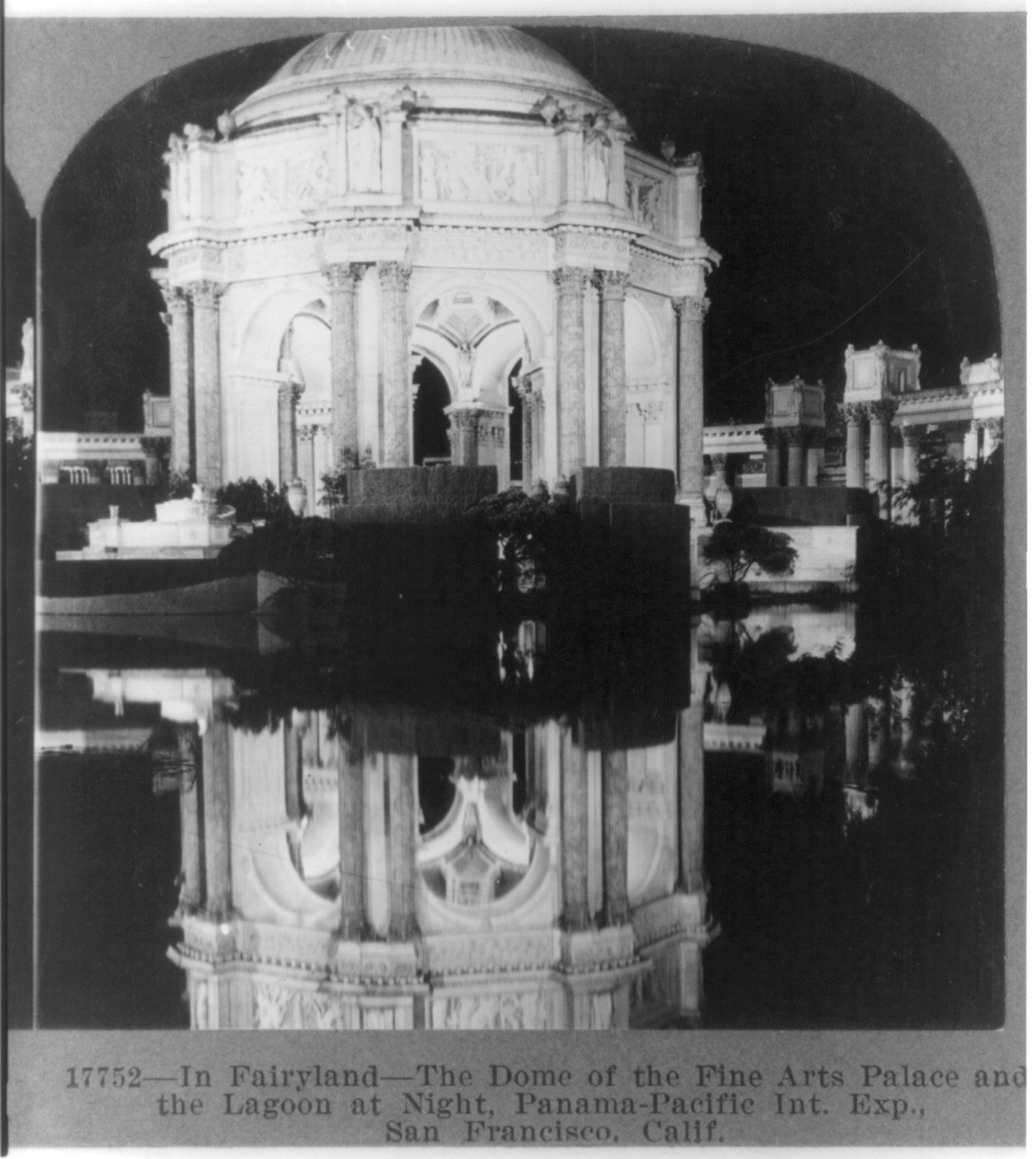California, San Francisco. Panama-Pacific Int. Exp. In Fairyland - The Dome of the Fine Arts Palace and Lagoon at Night, c1915. — historic photograph