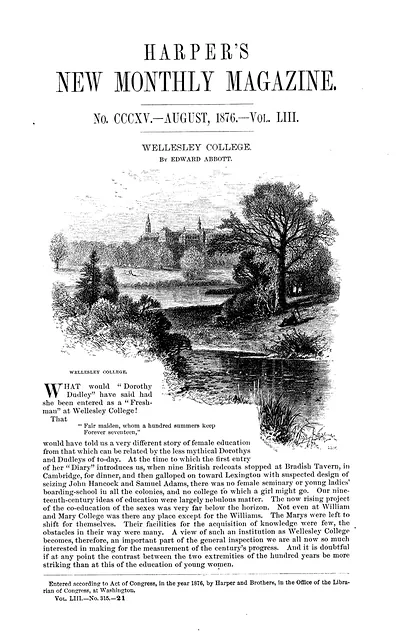 Wellesley College, engraved view in Harper's New Monthly Magazine, 1876