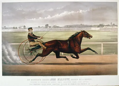 Mr. Bonner's horse Joe Elliott, driven by J. Bowen: trotting in harness at Mystic Park, Medford, Mass. June 28th 1872