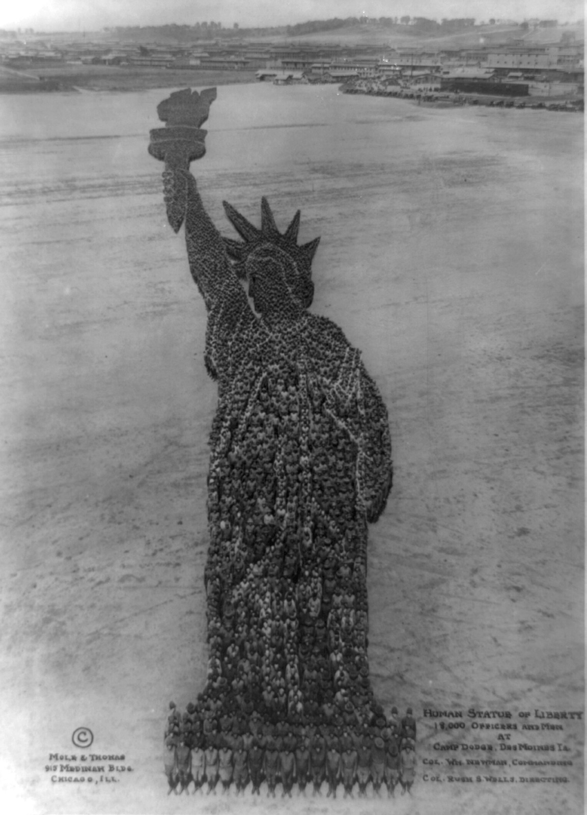 Human Statue of Liberty; 18,000 officers and men at Camp Dodge, Des Moines, Ia.; Col. Wm. Newman, commanding; Col. Rush S. Wells, directing, [c1917 or 1918] — historic photograph