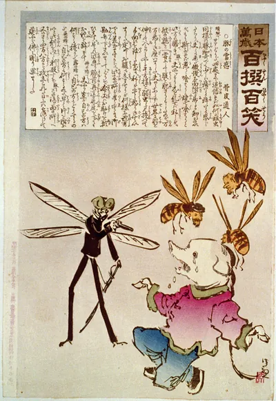 [Japanese cartoon showing winged insects (Jap.?) threatening a weeping pig with pigtail hair (Chinese?); Sino-Japanese war, 1894-5]