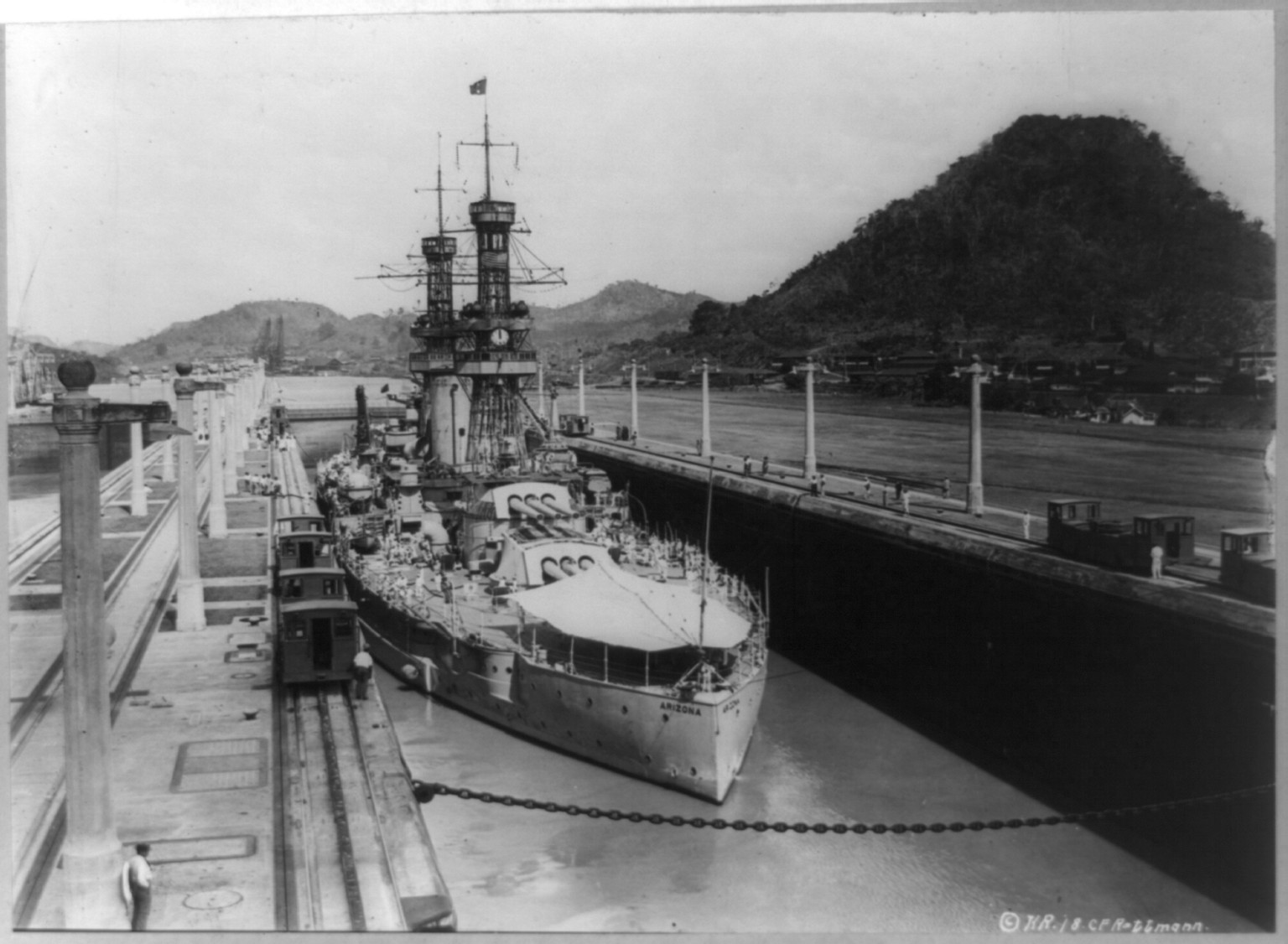 [U.S.S. Arizona in lock, Panama Canal], c1921. — historic photograph