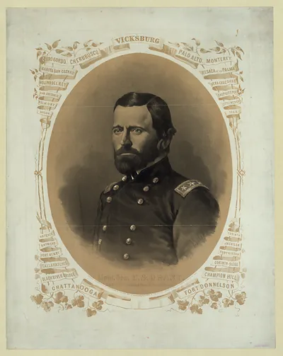 Lieut. Gen. U.S. Grant, portrait lithograph with battle names