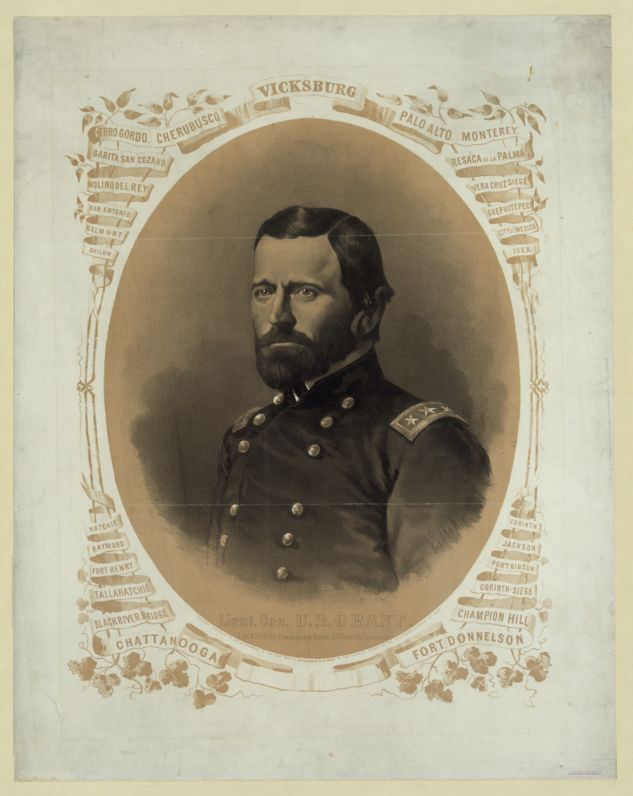 Lieut. Gen. U.S. Grant, portrait lithograph with battle names — antique lithograph